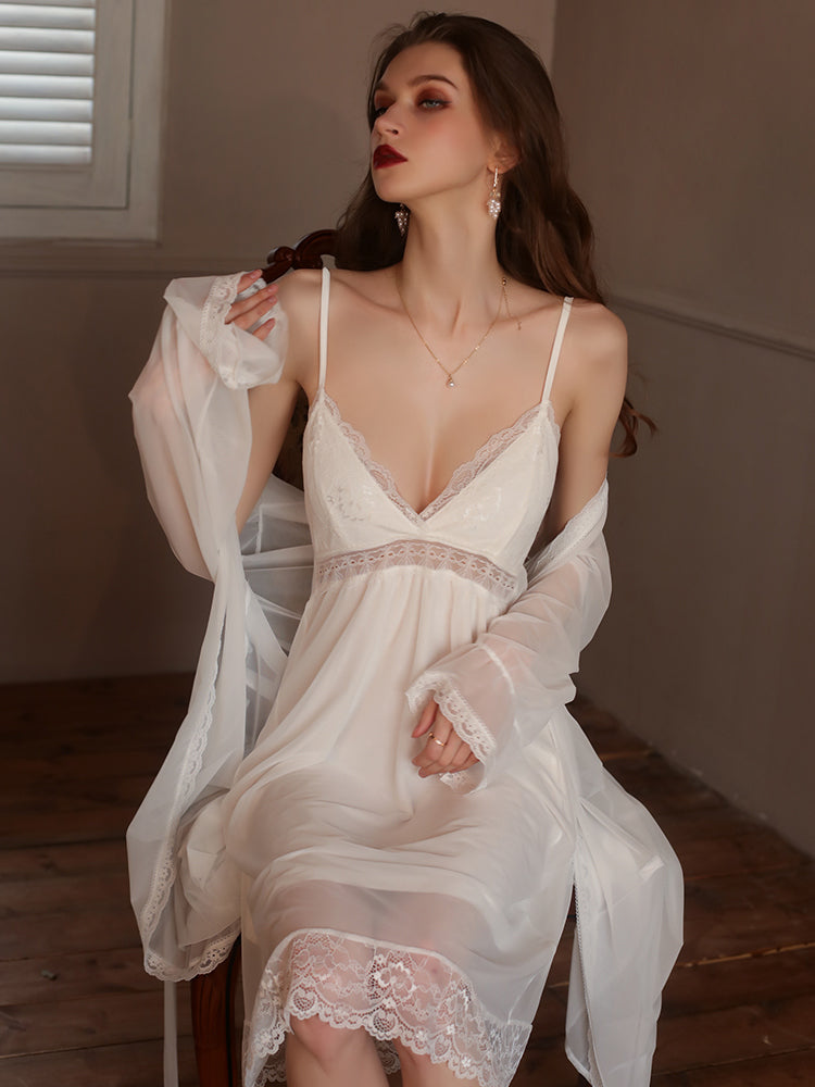 Lace Decoration Sexy Two-Piece Slip Dress & Robe Set With Belt