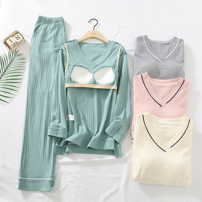 Beige Simple Comfortable Cotton Top Pants Home Pajamas Set With Chest Pad