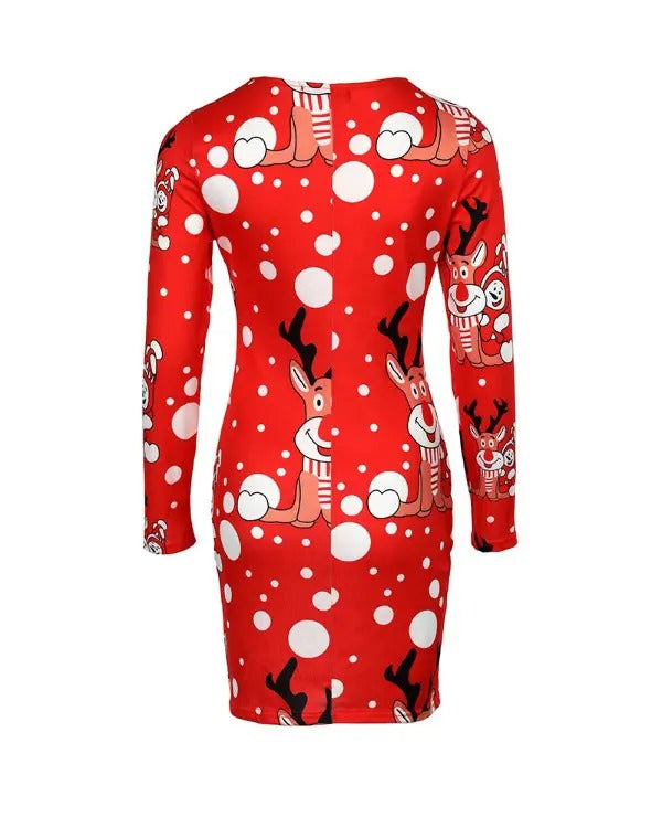 Christmas Cartoon Elk Print Flocked Long Sleeve Dress