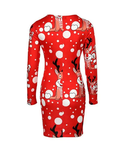 Christmas Cartoon Elk Print Flocked Long Sleeve Dress