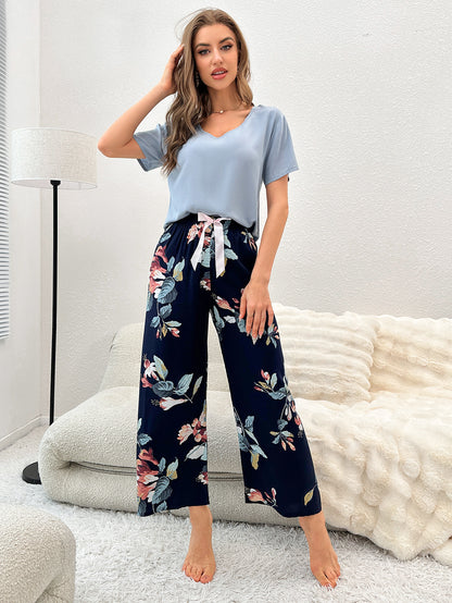 Cotton Silk Casual Pajamas Set Home Wear - Blue Top + Trumpet Print Trousers