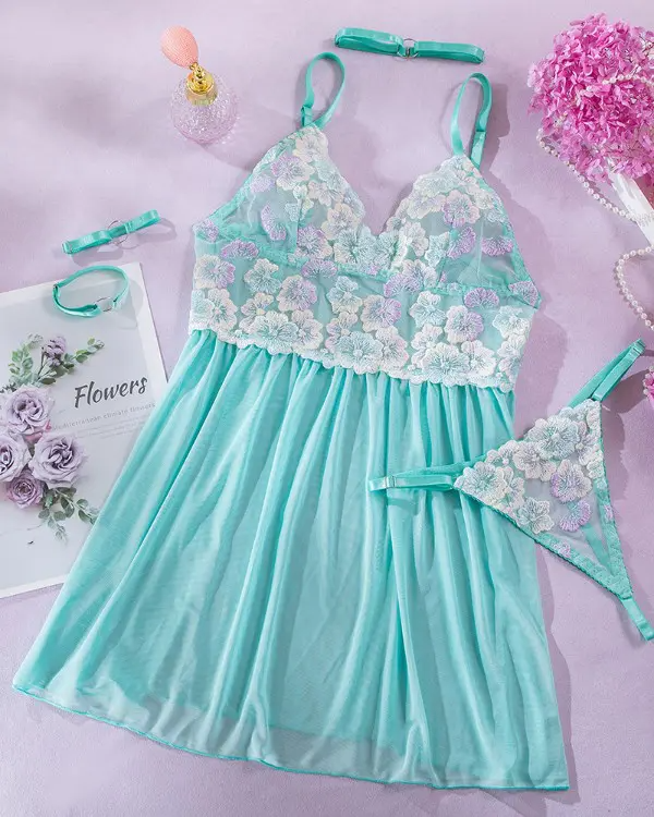 Floral Pattern Sheer Mesh Patch Babydoll