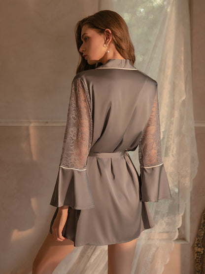 Hottest Hollow Lace Two-Piece Slip Dress & Robe Set With T-Back And Belt