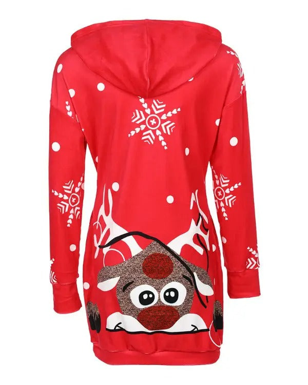 Christmas Letter Deer Print Pocket Design Hooded Casual Dress