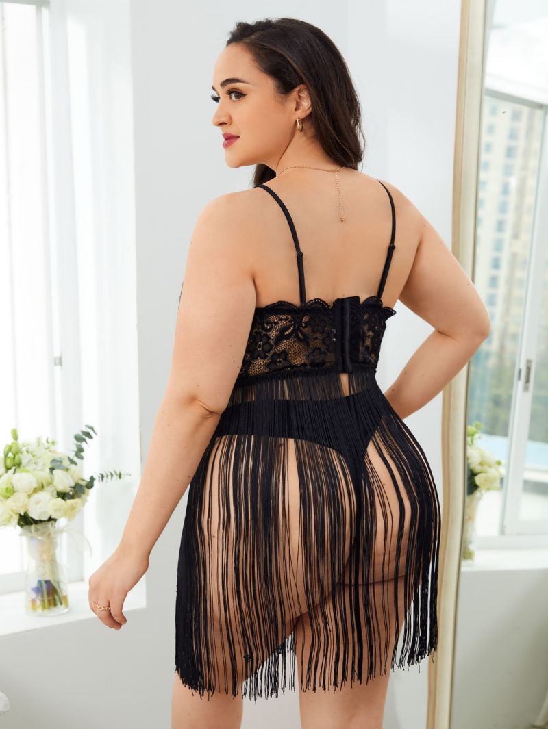 Plus Size Erotic Lingerie Deep V Suspender Nightgown Tassel See-through Sexy and Alluring Nightgown