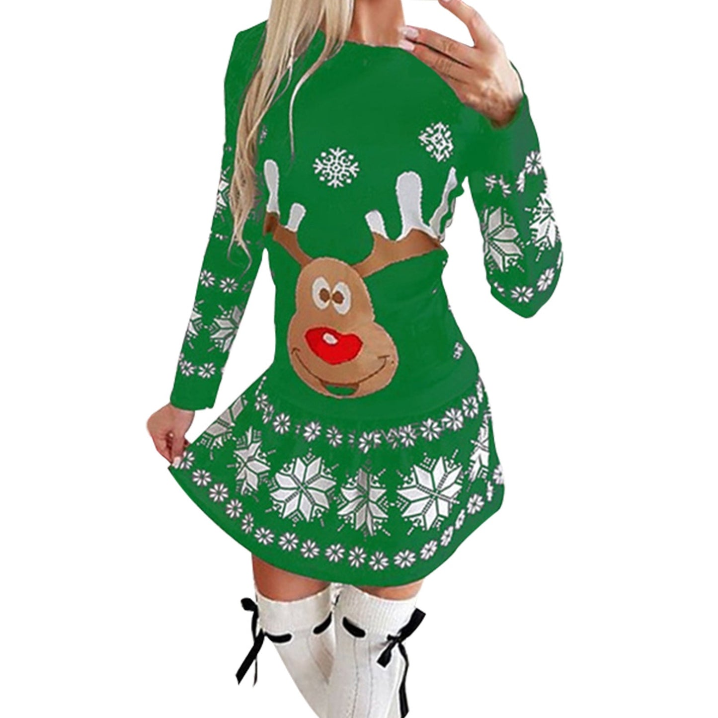 Christmas Moose Snowflake Print Long Sleeve Dress