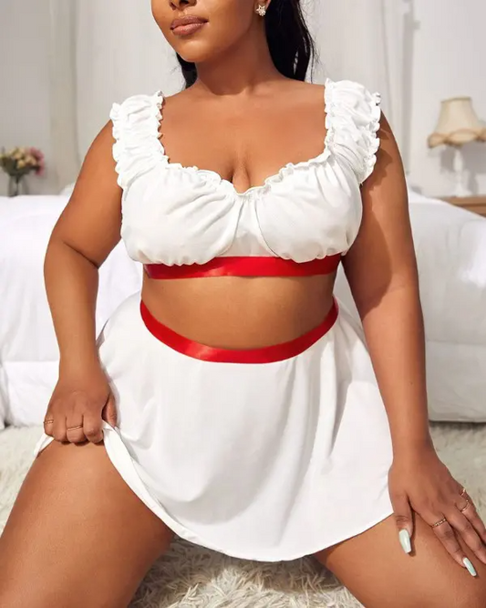 Plus Size Frill Hem Cosplay Nurse Costume Lingerie Set