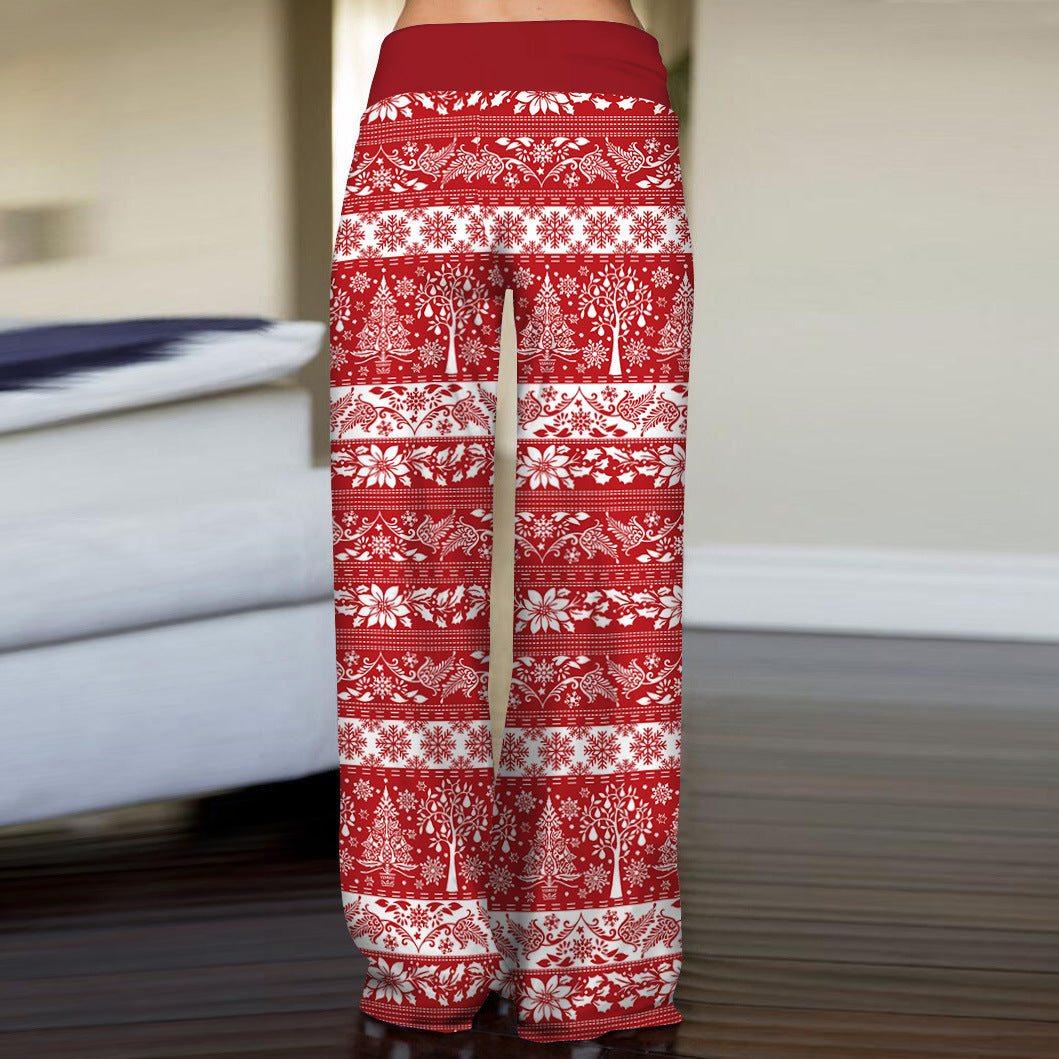 Christmas Drawstring Printed Wide Leg Pants