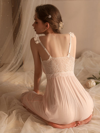 Medium Pink Lace Decoration Sexy Sleepwear One-Piece Nightgown