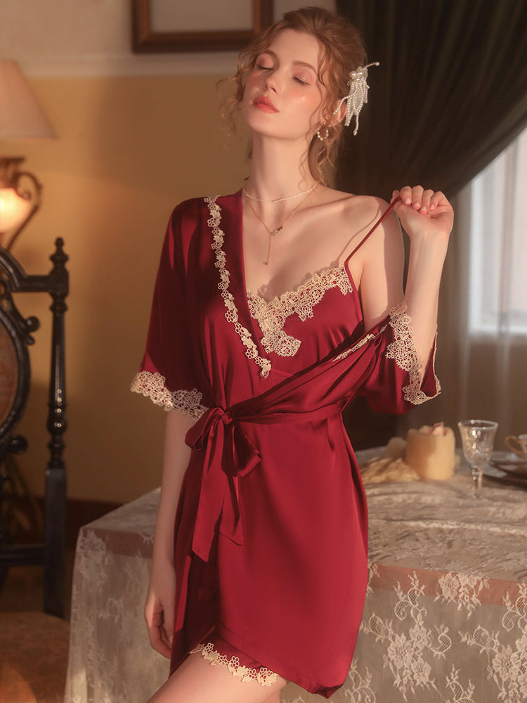 Lace Decoration Two-Piece Slip Dress & Robe Set With Belt