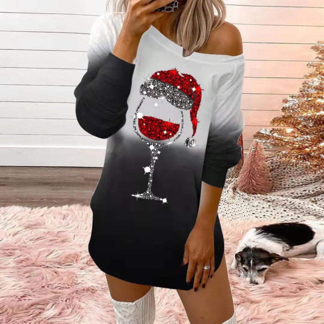 Christmas Ombre Wine Glass Pattern Glitter Top