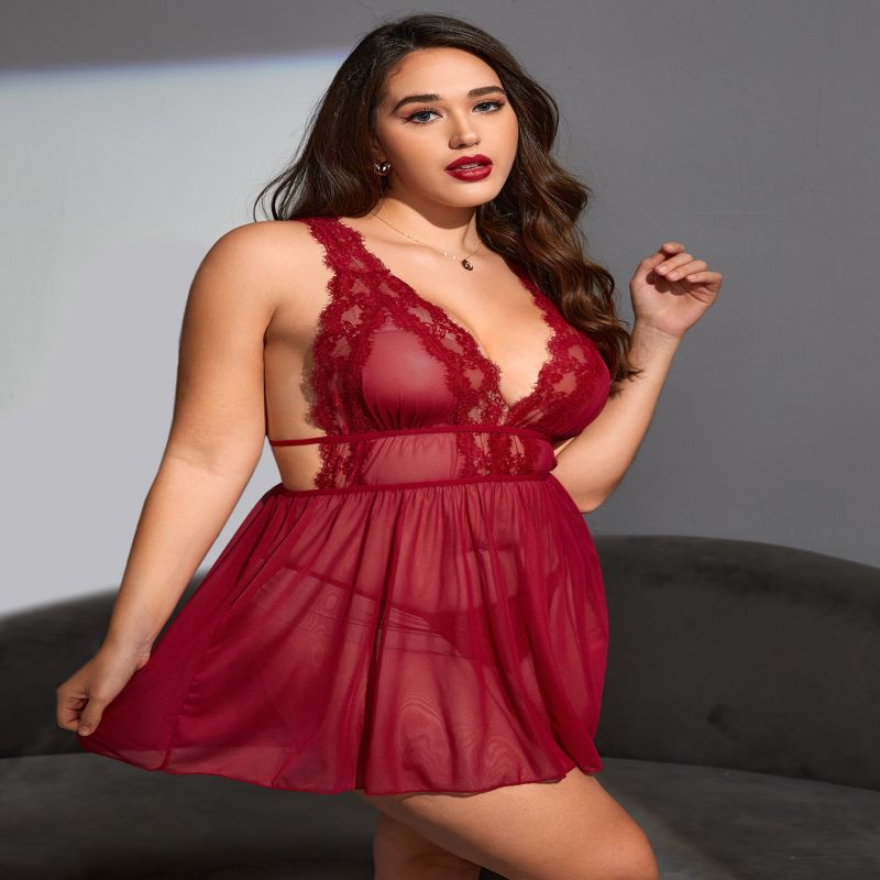 Plus Size Red Lace Sexy Nightgown