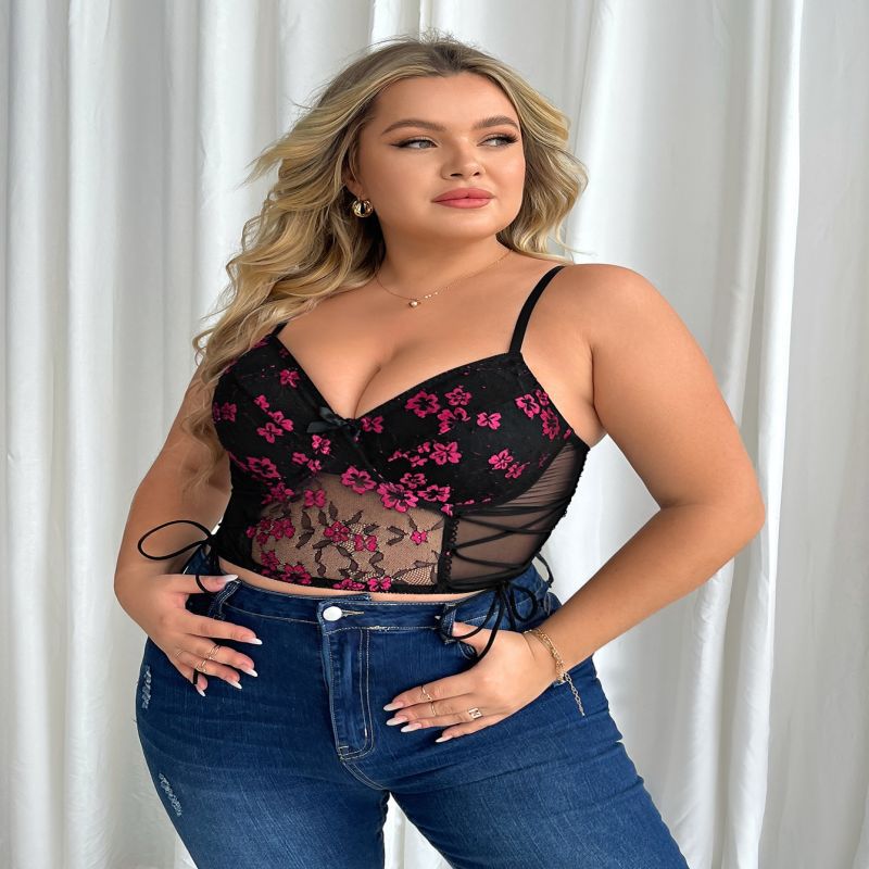 Plus Size Black Sexy Printed Lace Bra