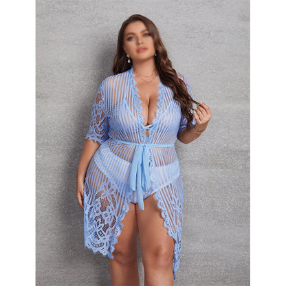 Plus Size See-Through Striped Sexy Transparent Lace Pajama Set