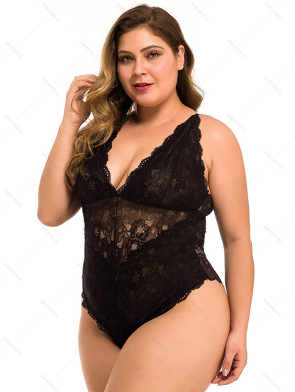 Plus Size & Curve Sheer Floral Lace Teddy Plunge Crisscross Spaghetti Strap Lingerie Bodysuit-Black