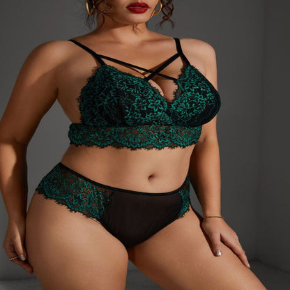 Plus Size  Green Lace Bra Panties Set