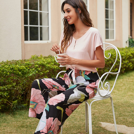 Cotton Silk Casual Pajamas Set Home Wear - Pink Top + Lotus Print Trousers