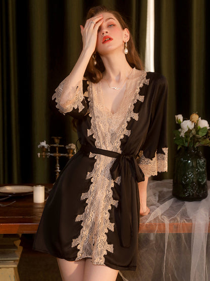 Long Sleeves Black Two-Piece Slip Dress & Robe Set With T-Back And Belt