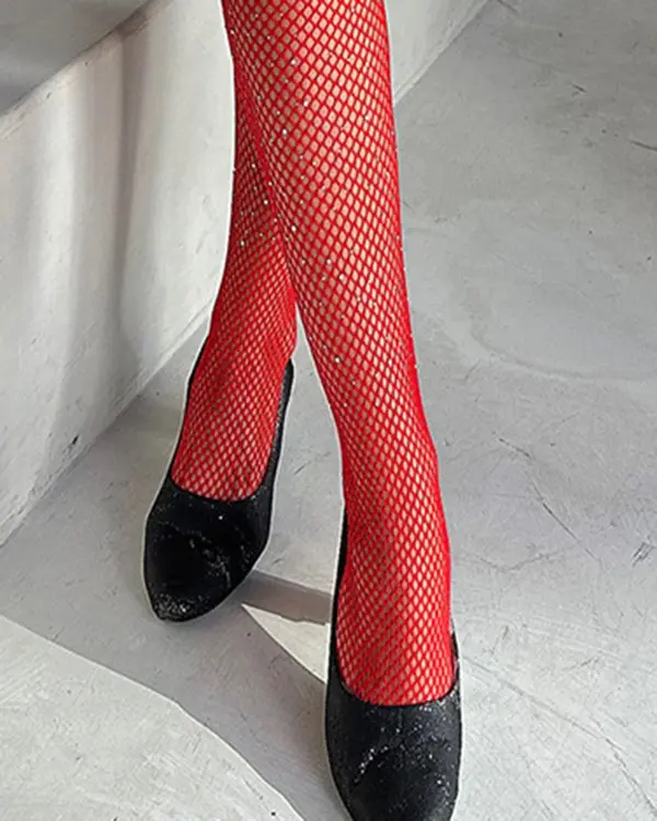 1Pair Rhinestone Bowknot Decor Fishnet Design Stockings