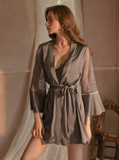 Hottest Hollow Lace Two-Piece Slip Dress & Robe Set With T-Back And Belt
