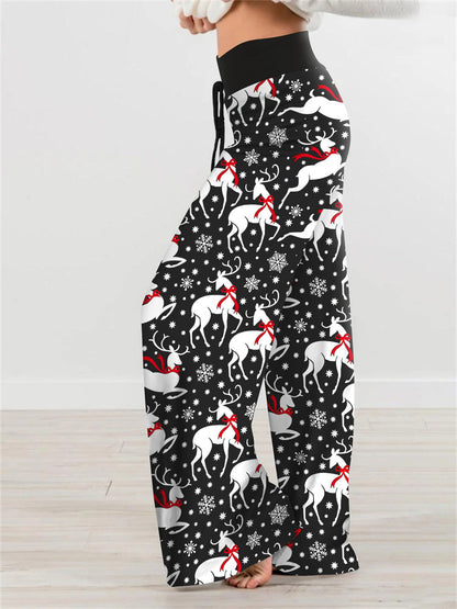 Christmas Drawstring Elk Print Wide Leg Pants