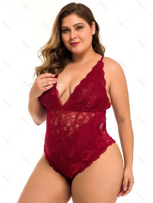 Plus Size & Curve Sheer Floral Lace Teddy Plunge Crisscross Spaghetti Strap Lingerie Bodysuit-Red