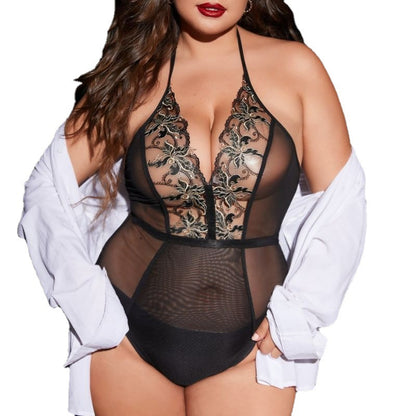 Plus Size Pattern Deep V Halterneck Backless See-Through Sexy Flirting Lace One-Piece