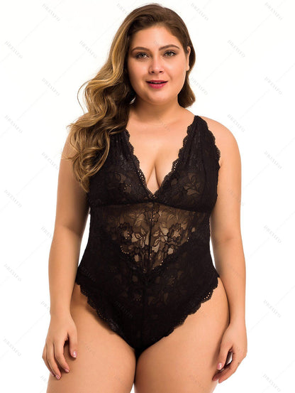 Plus Size & Curve Sheer Floral Lace Teddy Plunge Crisscross Spaghetti Strap Lingerie Bodysuit-Black