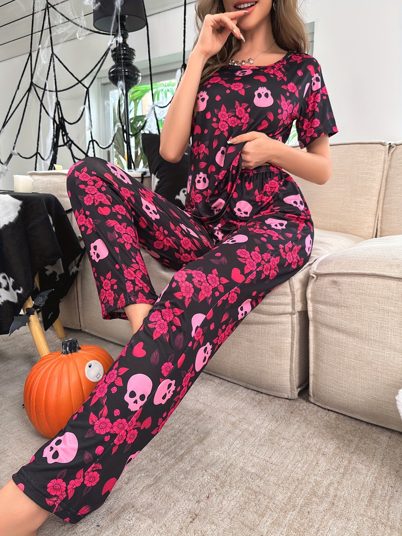 Halloween Pumpkin Print Short Sleeve Long Pants Homewear Set