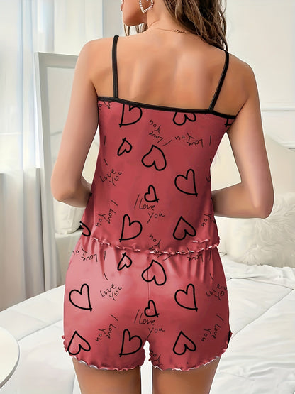 Crew Neck Slip Cute Heart Print Pajama Set