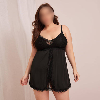 Plus Size  Sexy See-Through Mesh Backless Lace Suspender Loose Home Nightgown