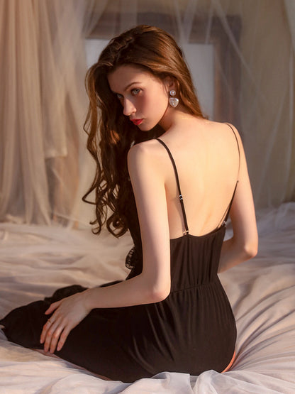 Elegant Lace Sleepwear Long Black Two-Piece Slip Dress & Robe Set