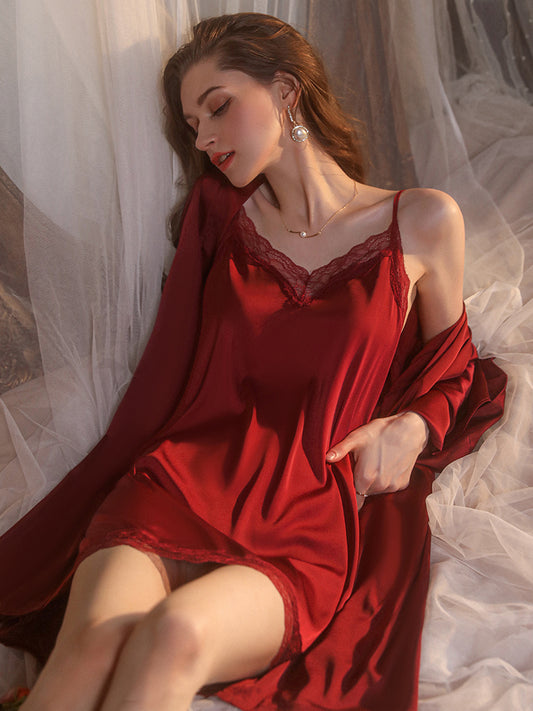 Red Long Sleeves Sexy Two-Piece Slip Dress & Robe Set With Belt