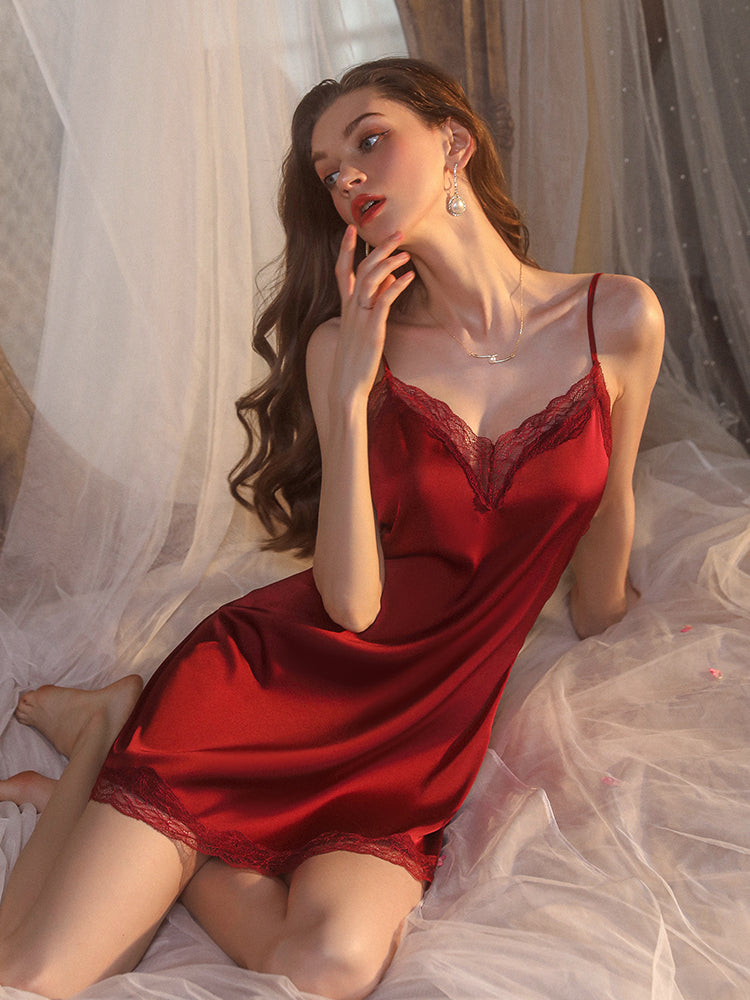 Red Sleeveless Sexy Deep V-Neck Design One-Piece Nightgown