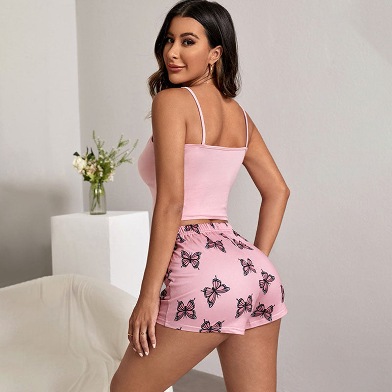 Pink Women's Printed Top Shorts Suspender Pajamas Set