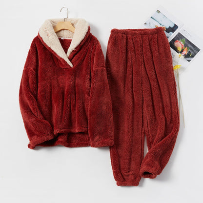 Winter Coral Fleece Pajama Pants Flannel Lapel Set Thickened Couple Homewear