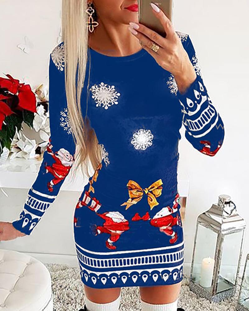 Christmas Mixed Print Long Sleeve Dress