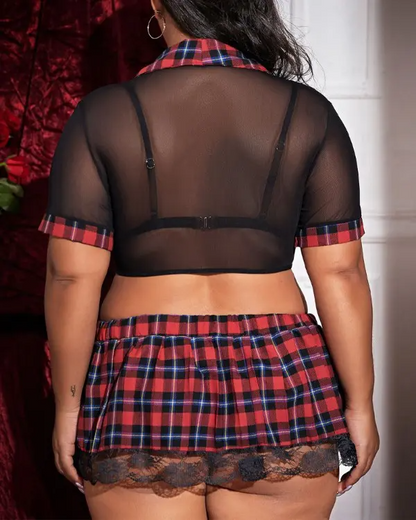 Plus Size Plaid Print Tied Detail Sheer Mesh Lace Trim School Girl Costume Lingerie Set