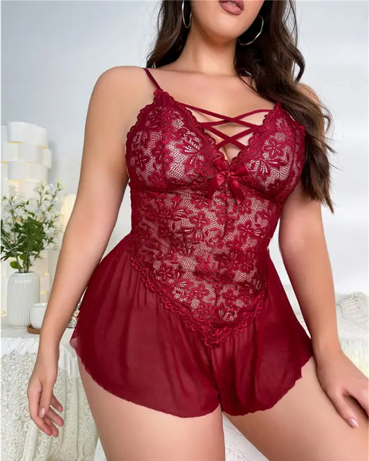 Plus Size Sheer Mesh Crochet Lace Crisscross Teddy