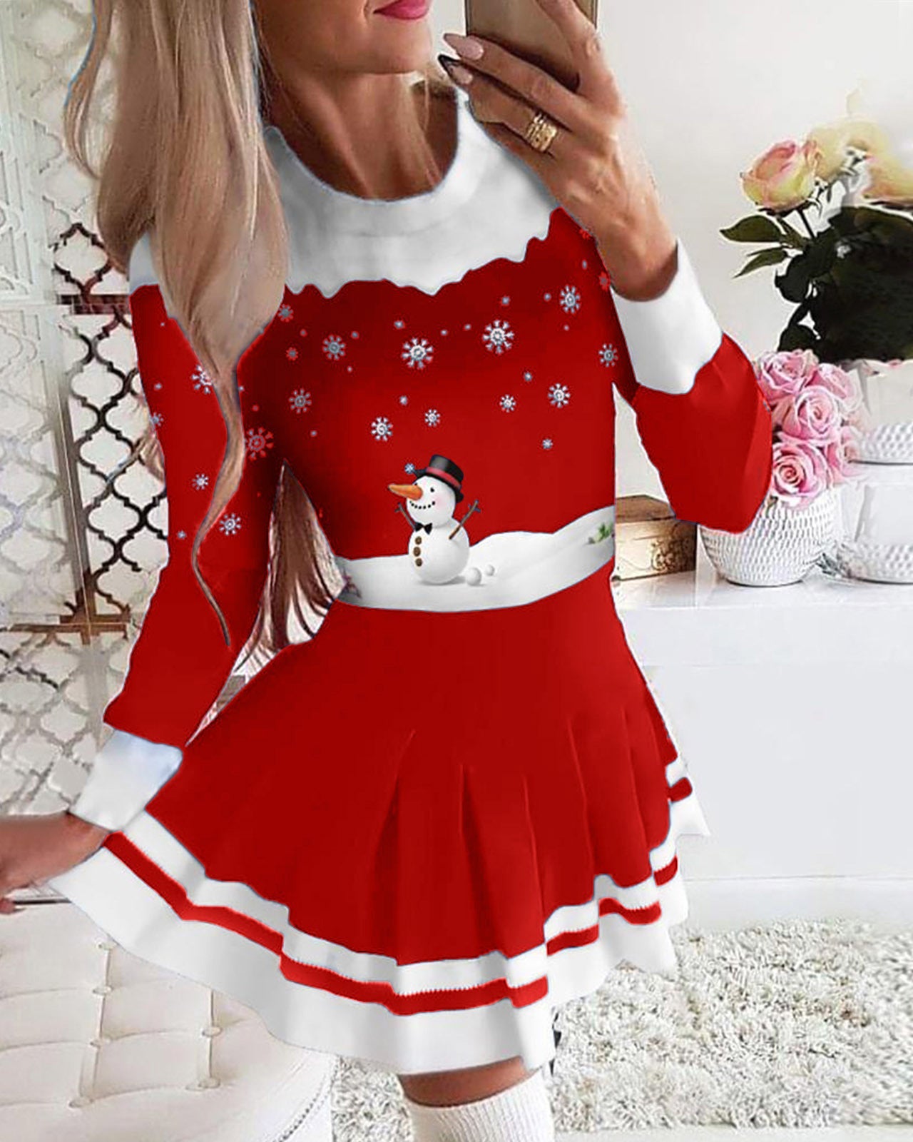 Christmas Snowfman Print Long Sleeve Pleated Dress