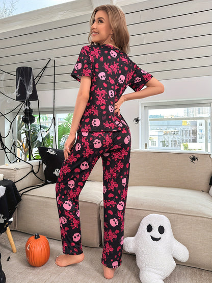 Halloween Pumpkin Print Short Sleeve Long Pants Homewear Set