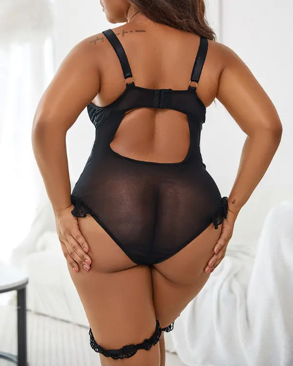 Plus Size Cutout Sheer Mesh Frill Hem Lace Patch Teddy