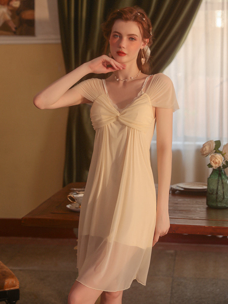 V-Neck Short Sleeves Sweet Sexy Lace One-Piece Nightgown