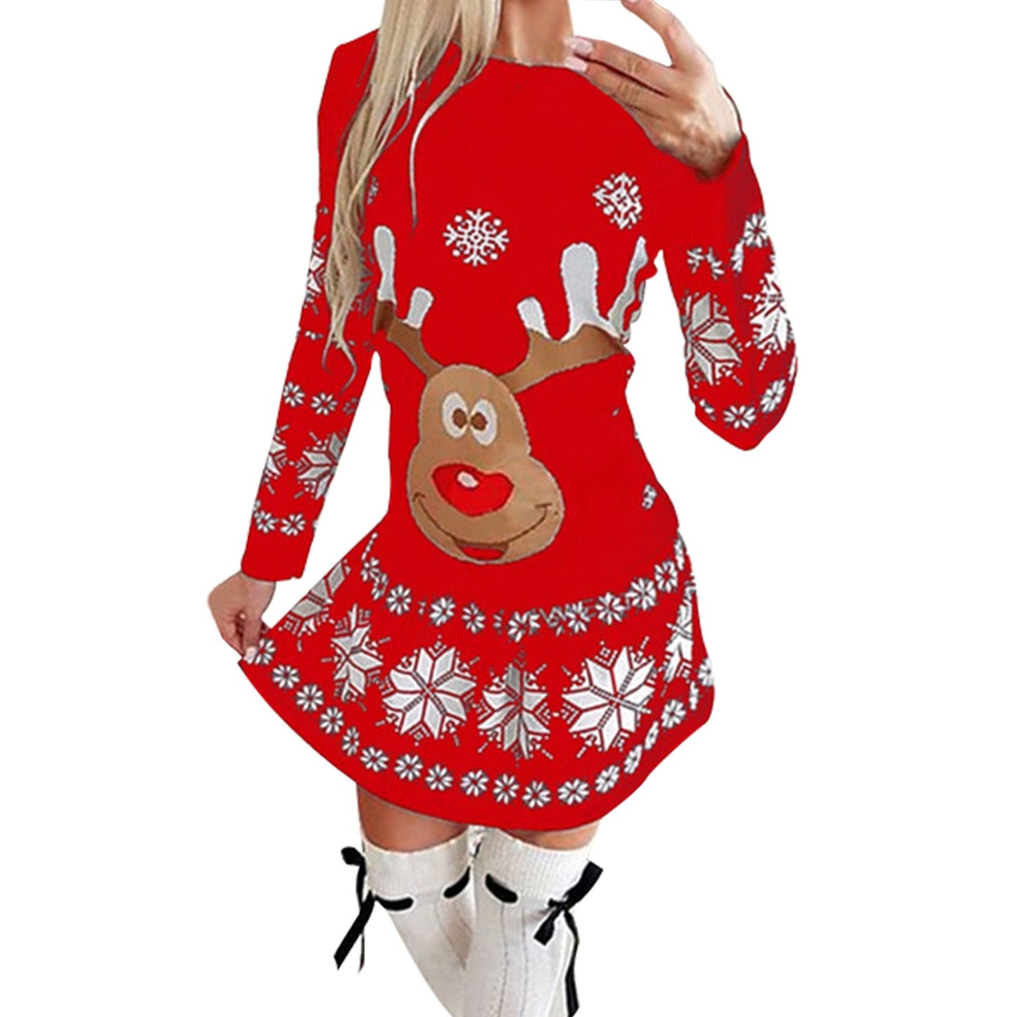 Christmas Moose Snowflake Print Long Sleeve Dress