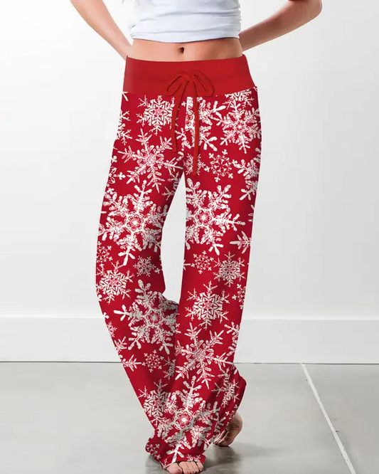 Christmas Drawstring Snowflake Print Wide Leg Pants