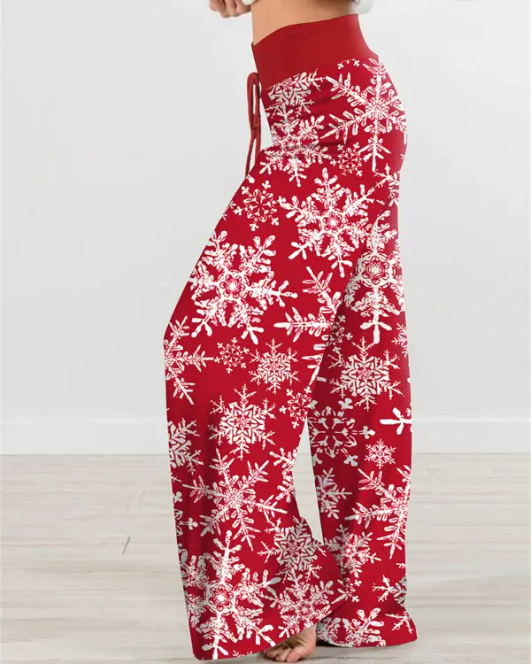 Christmas Drawstring Snowflake Print Wide Leg Pants