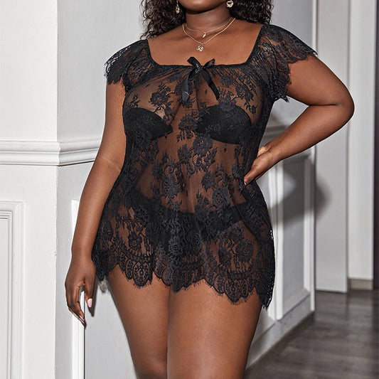 Plus Size Sexy Lace Transparent Sexy Nightgown Set