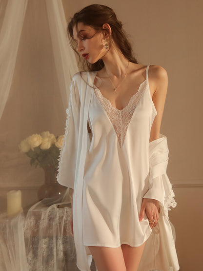 Flower Embroidery Sexy Sleepwear Two-Piece Slip Dress & Robe Set With Belt