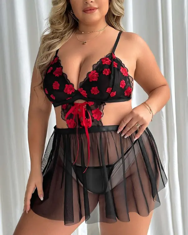 Plus Size Floral Embroidery Sheer Mesh Tied Detail Lingerie Set