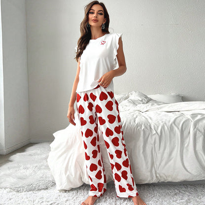 Small Flying Sleeve Top With Heart Print Trousers And Casual Pajamas Two-Piece Set